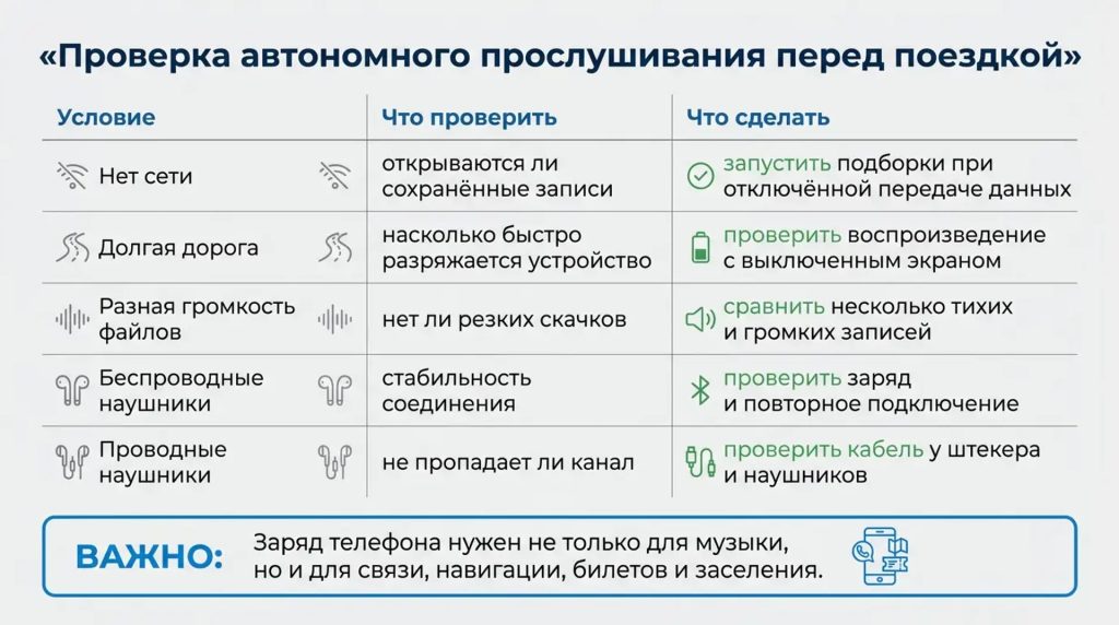 Проверка автономного прослушивания перед поездкой